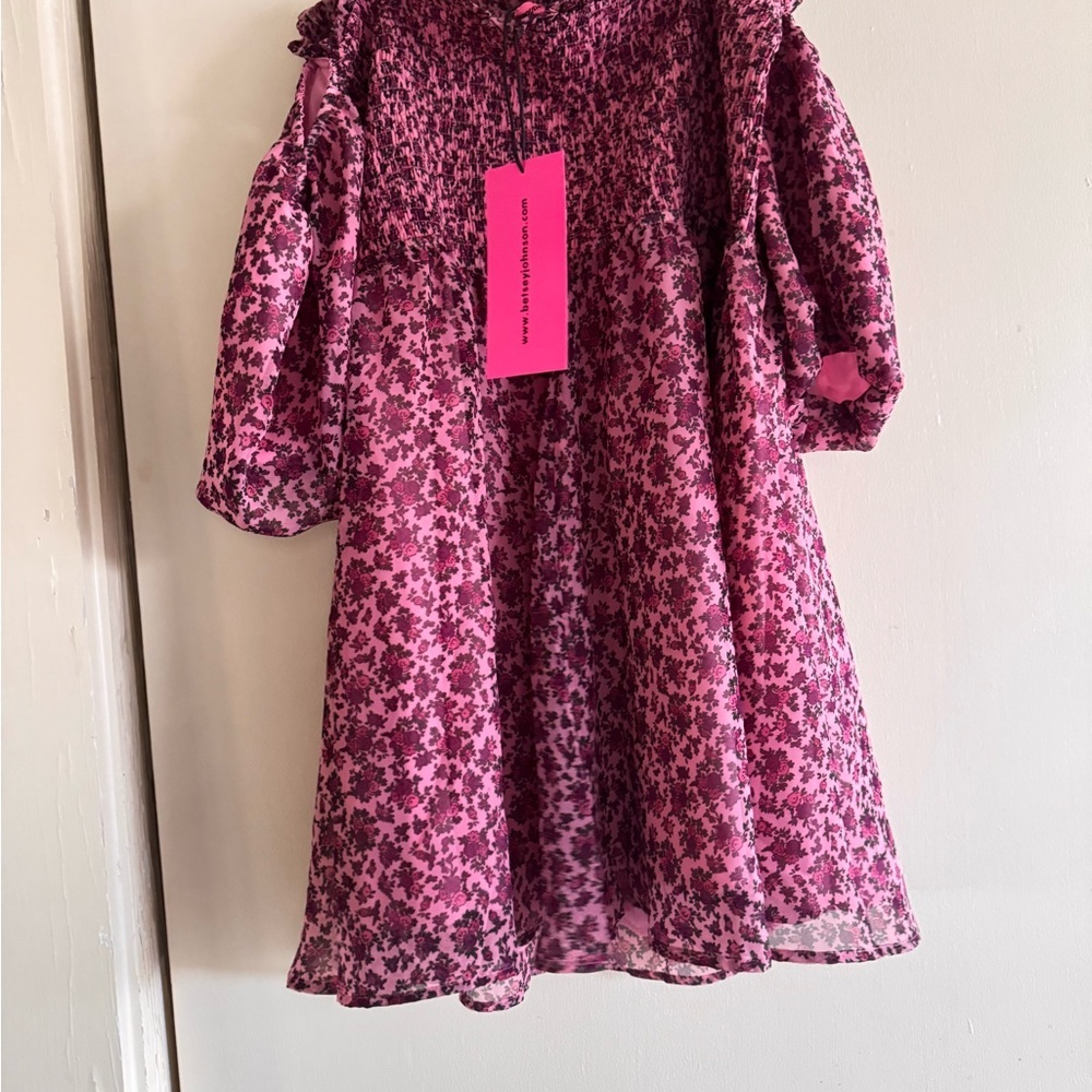 Betsey Johnson Pink Floral Puff Sleeve Smocked Mini Dress size Lg whimsical - Picture 5 of 10